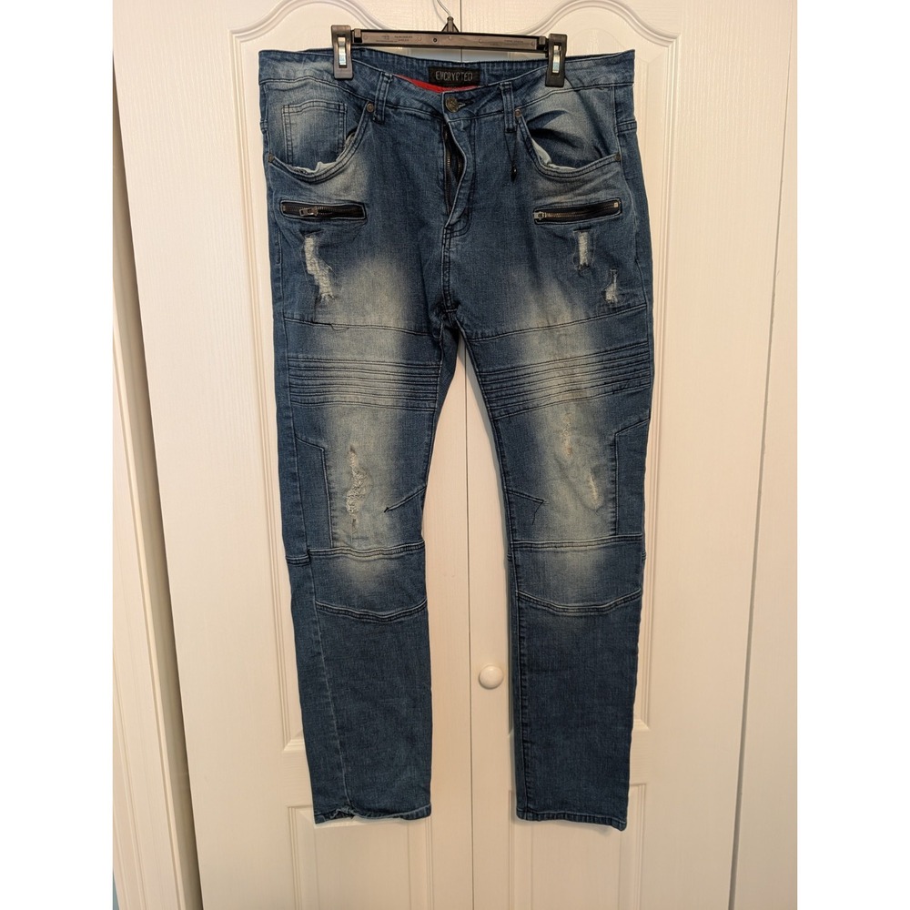 Encrypted Jeans Mens 40x34 Blue Distressed Ripped Moto Biker Denim